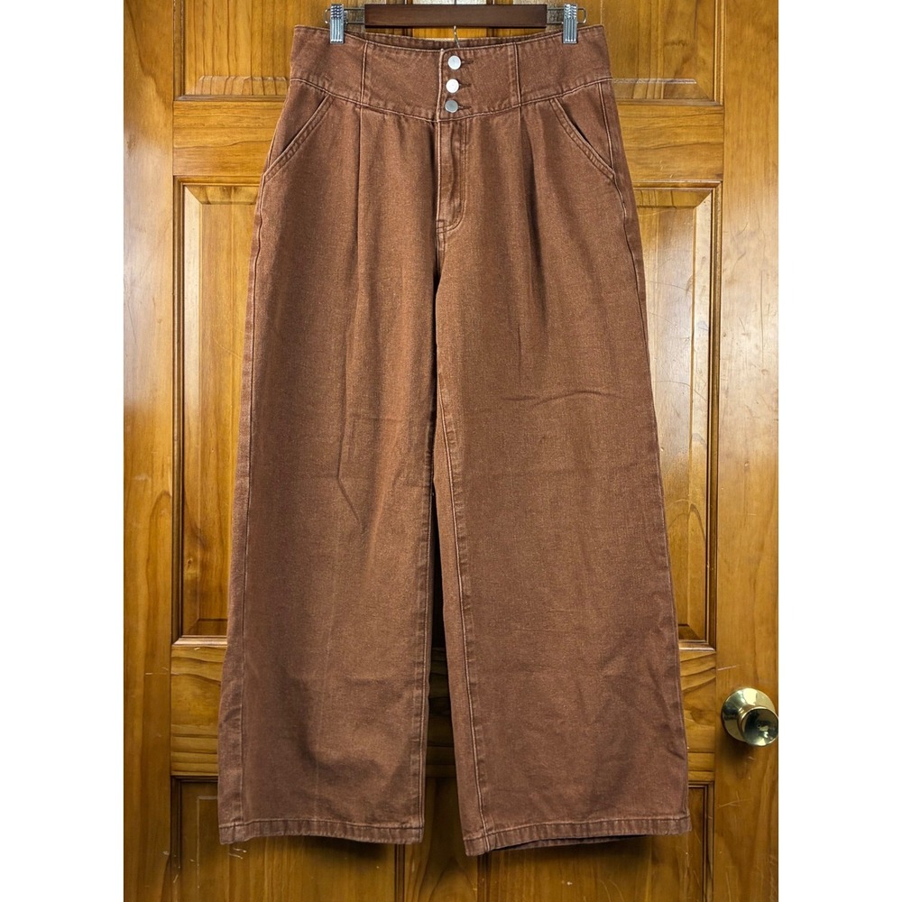 Cider Brown Pleated Wide Leg Denim Pants Size L High Waisted Trouser Earthy